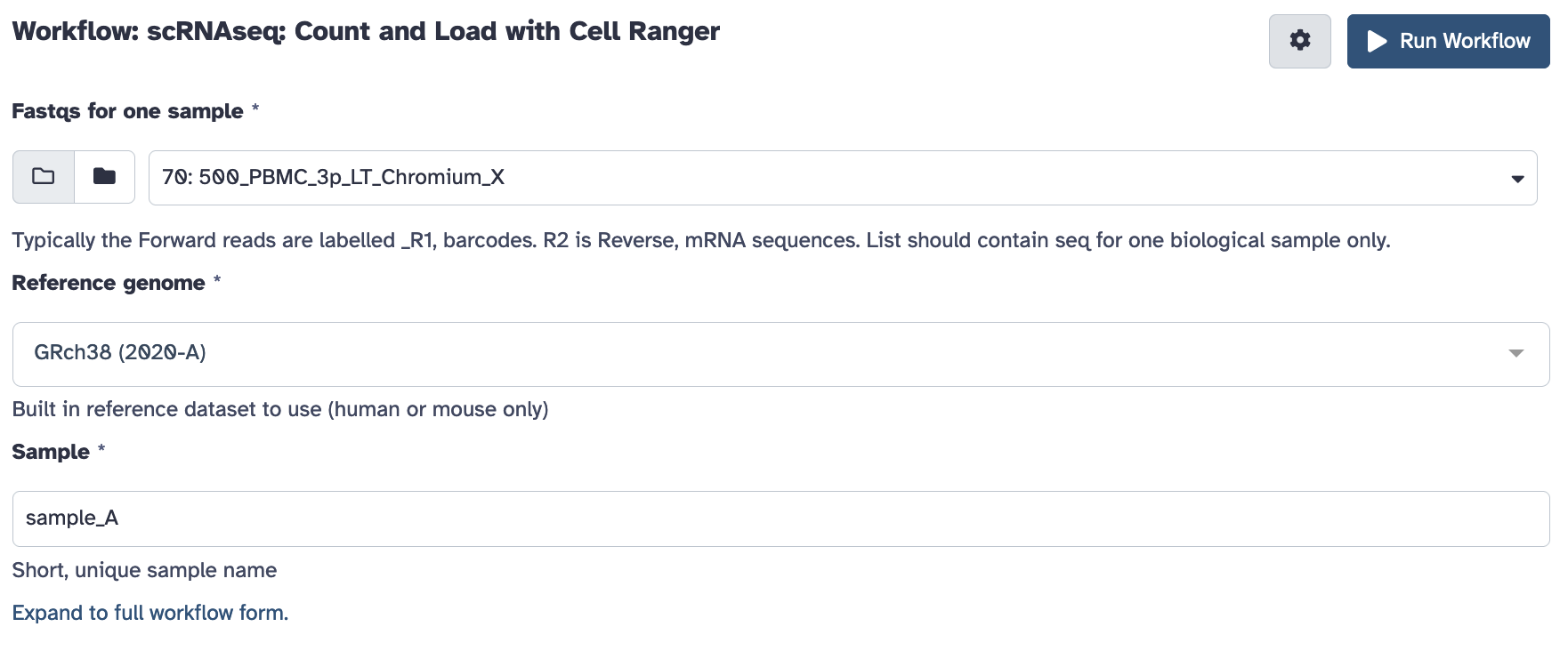 Cellranger Launch prompt, requests fastqs, reference genome dropdown, and sample name
